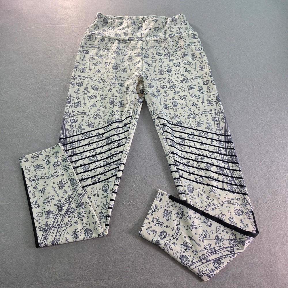 Galasoors Flash Tattoo Print Moto Leggings Medium Cream Black Pink Y2K